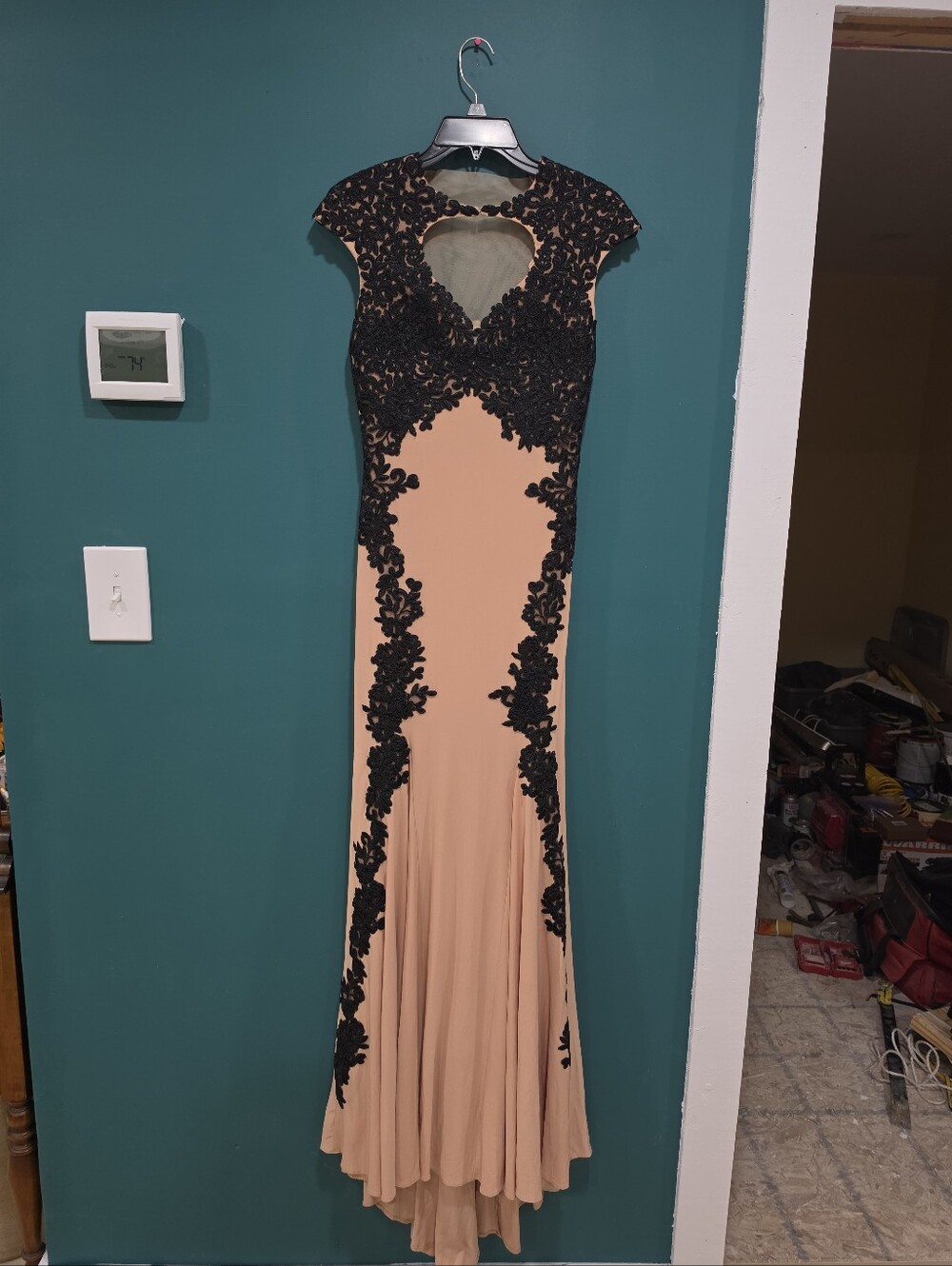 Betsy & Adam Blush Black Lace Mermaid Formal Gown Size 2